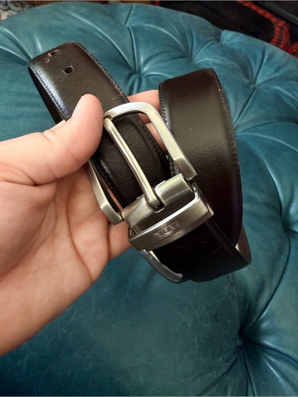 Tumi Dark Brown Leather Belt with Brushed Silver Buckle-reversible. 43” - Picture 2 of 5
